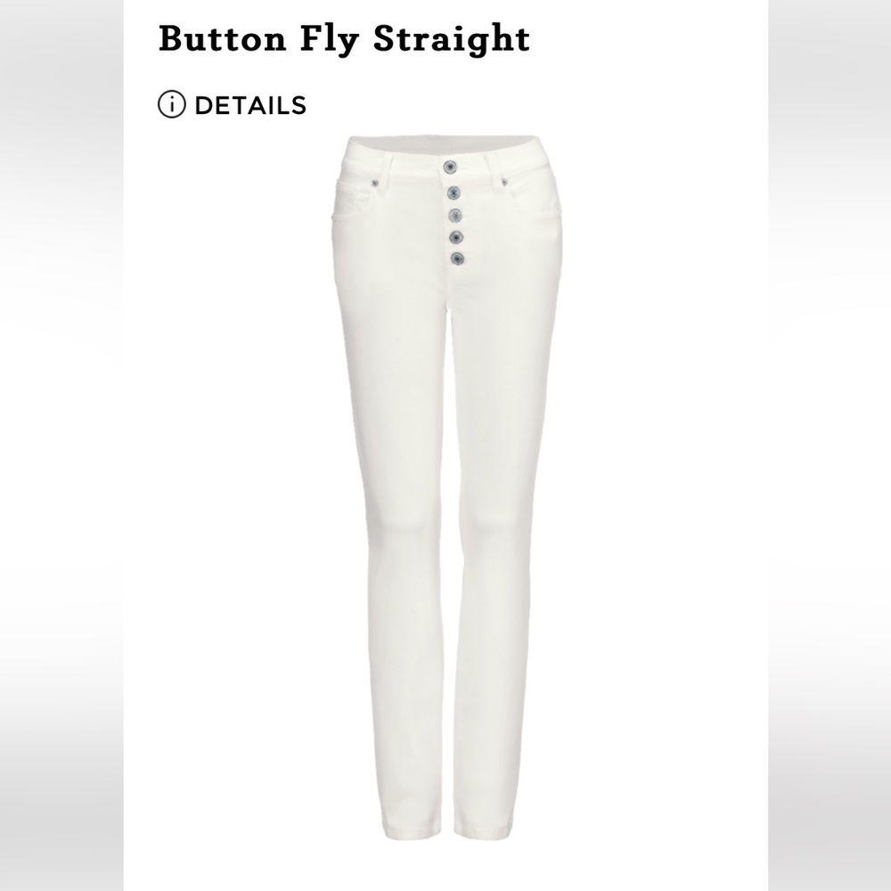 Cabi- button fly straight white jean, size 0.